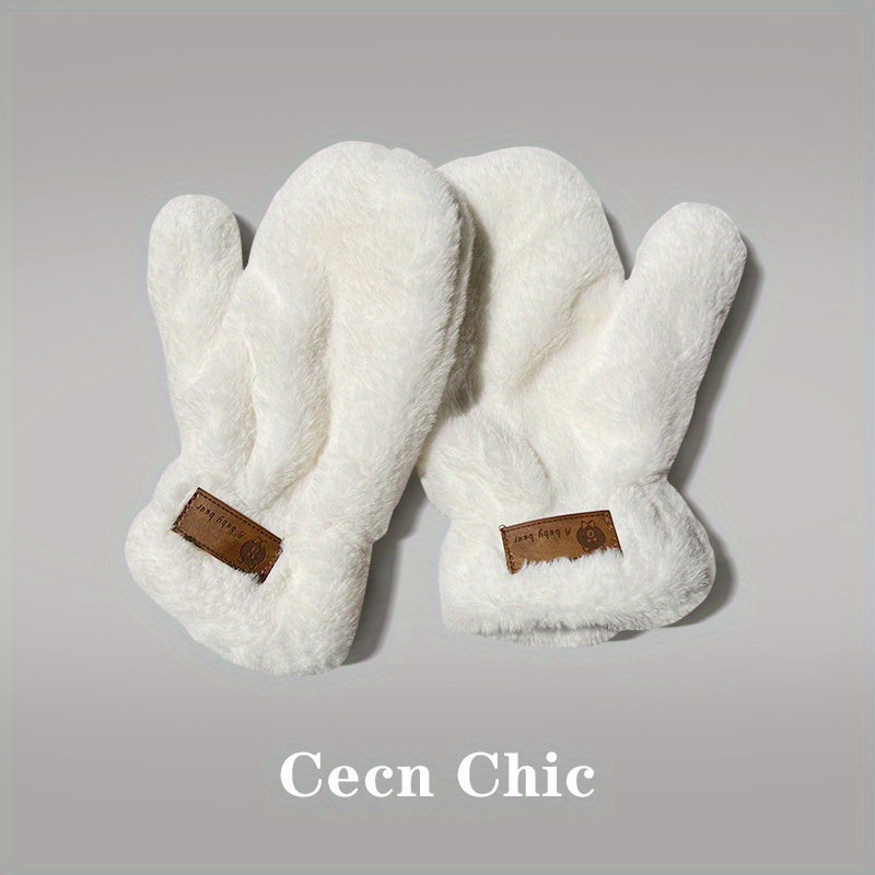 Winter Plush Rabbit Fur Mittens with Fingers, Fashionable Cute Sweet Ladies Knitted Polyester Gloves, Elastic, Warm, with Machine Washable for Casual Weekend Wear