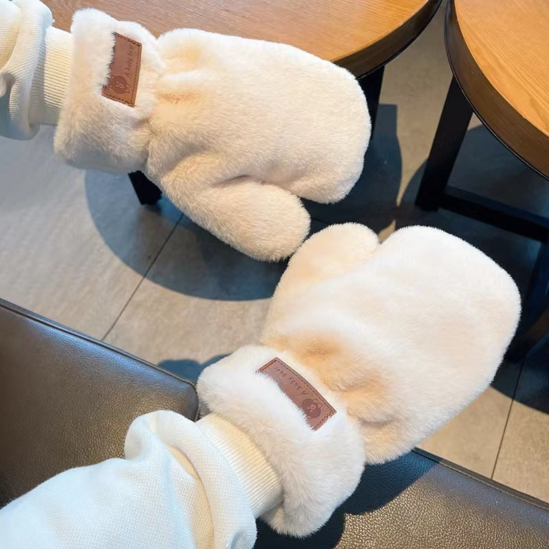 Winter Plush Rabbit Fur Mittens with Fingers, Fashionable Cute Sweet Ladies Knitted Polyester Gloves, Elastic, Warm, with Machine Washable for Casual Weekend Wear