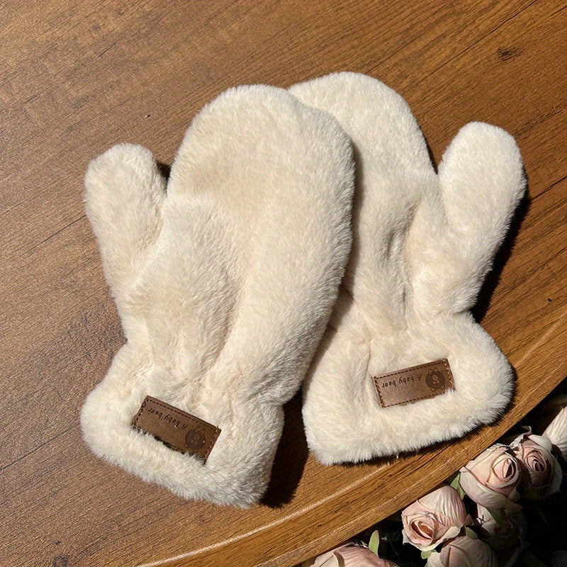 Winter Plush Rabbit Fur Mittens with Fingers, Fashionable Cute Sweet Ladies Knitted Polyester Gloves, Elastic, Warm, with Machine Washable for Casual Weekend Wear