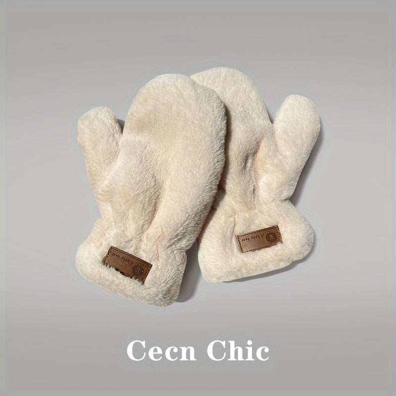Winter Plush Rabbit Fur Mittens with Fingers, Fashionable Cute Sweet Ladies Knitted Polyester Gloves, Elastic, Warm, with Machine Washable for Casual Weekend Wear