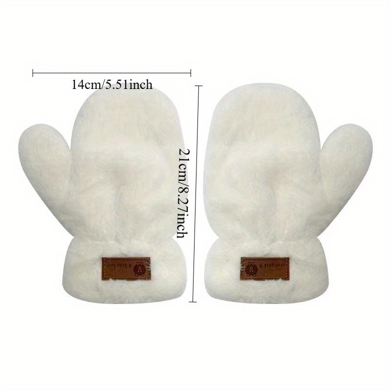 Winter Plush Rabbit Fur Mittens with Fingers, Fashionable Cute Sweet Ladies Knitted Polyester Gloves, Elastic, Warm, with Machine Washable for Casual Weekend Wear