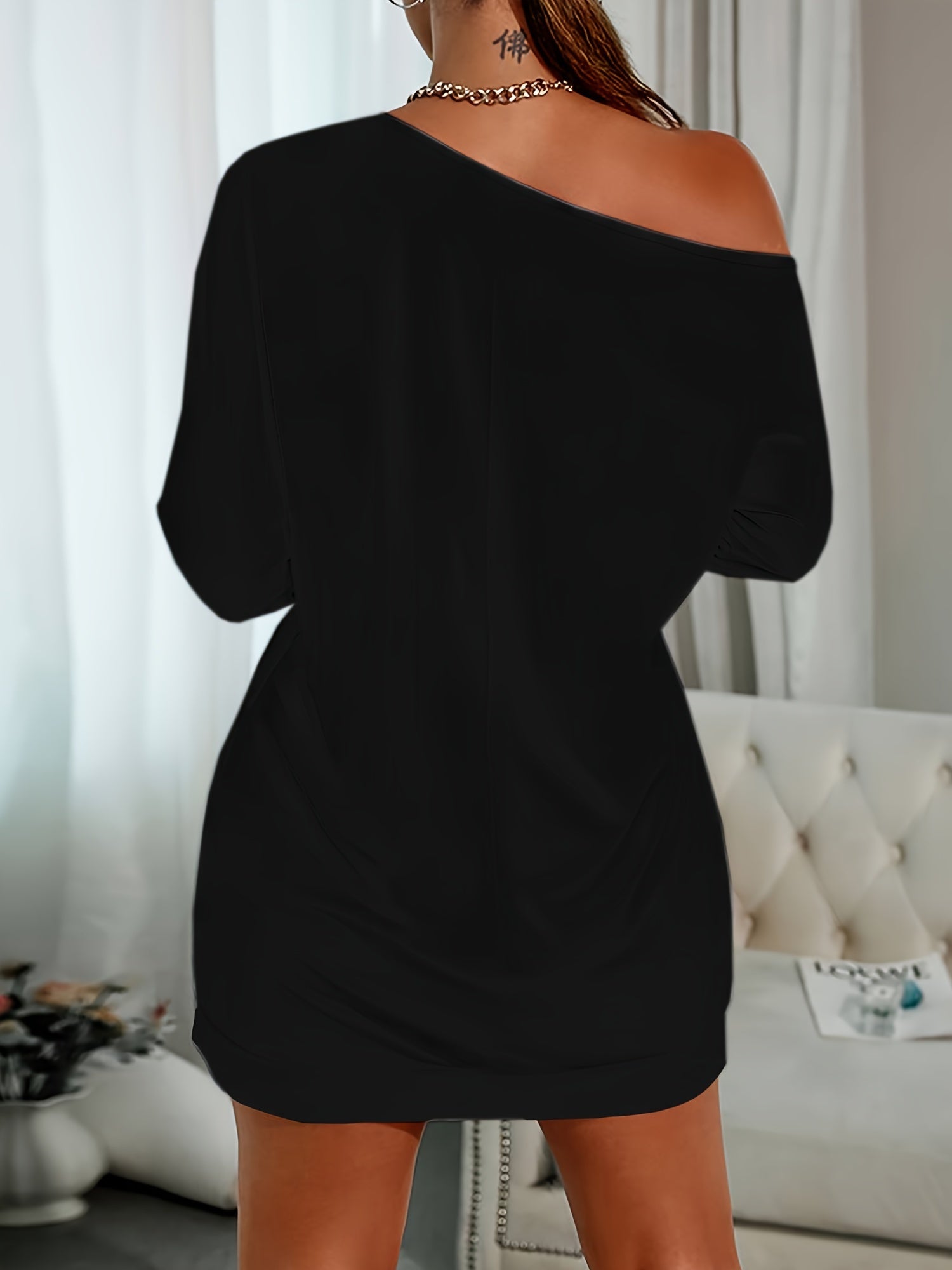 Women's Poker Print Sexy Lounge Dress, One Shoulder Long Sleeve Slash Neck Dress, Comfortable Home Wear For Fall