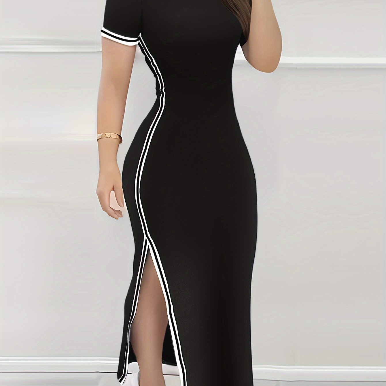 Women's Contrast Trim Split Hem Bodycon Dress - Elegant Crew Neck Short Sleeve Dress For Spring & Summer - For Women - Perfect for Parties & Casual Occasions - Stylish Gift for Fashionable Ladies