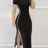 Women's Contrast Trim Split Hem Bodycon Dress - Elegant Crew Neck Short Sleeve Dress For Spring & Summer - For Women - Perfect for Parties & Casual Occasions - Stylish Gift for Fashionable Ladies