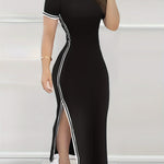 Women's Contrast Trim Split Hem Bodycon Dress - Elegant Crew Neck Short Sleeve Dress For Spring & Summer - For Women - Perfect for Parties & Casual Occasions - Stylish Gift for Fashionable Ladies