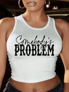 Women'S Casual "Somebody'S Problem" Letter Print Tank Top, Short Sleeve Crew Neck Knit Polyester T-Shirt for All Seasons, 95% Polyester 5% Elastane, Lightweight 210g/m² Fabric