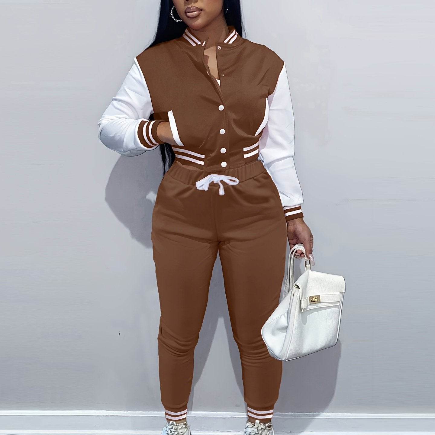 Casual Two-piece Set, Button Front Bomber Jacket & Drawstring Pants Outfits, Women's Clothing