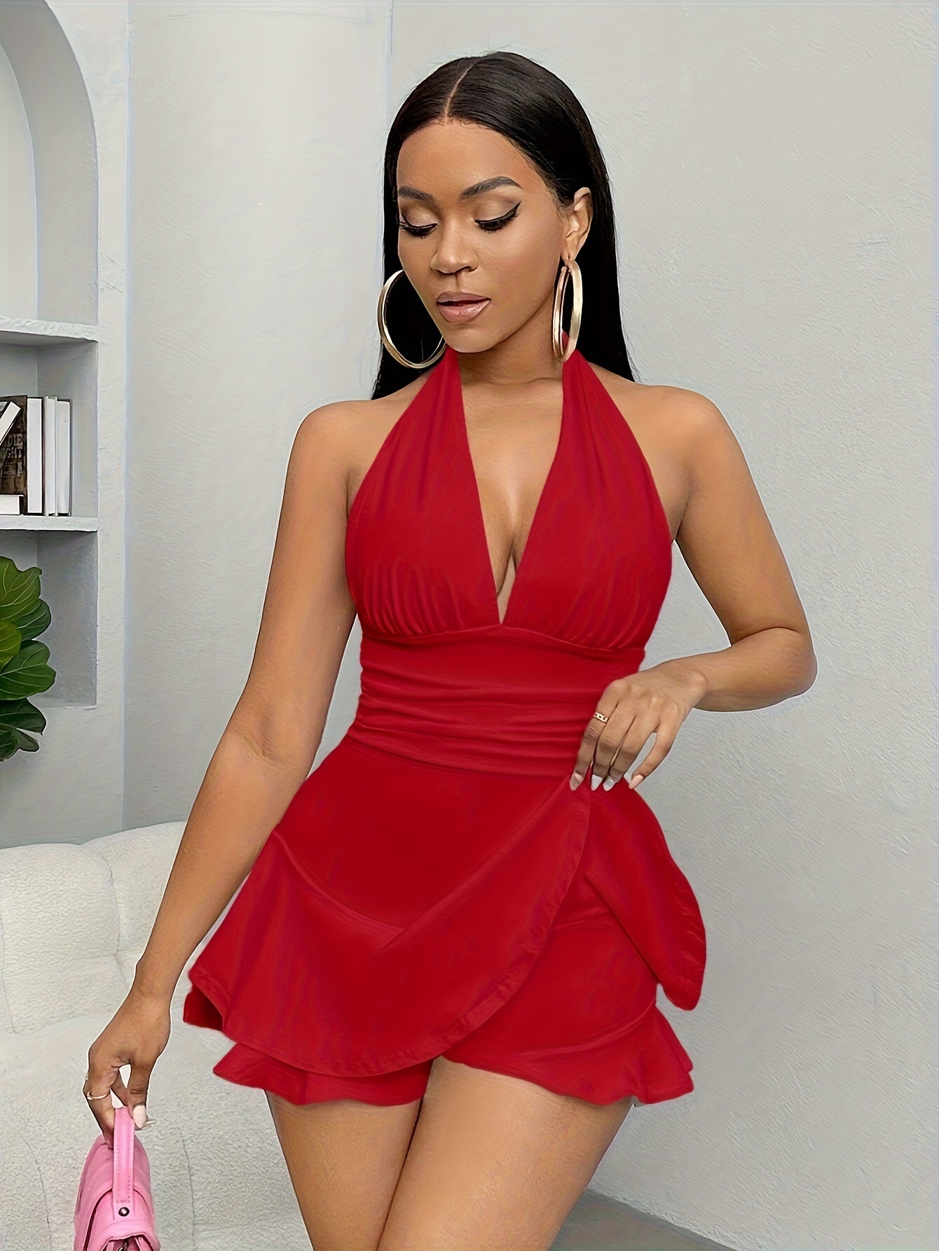 Sexy Open Back Ruffle Hem Romper - Solid Color Halter Neck Jumpsuit For Spring & Summer - Women's Clothing