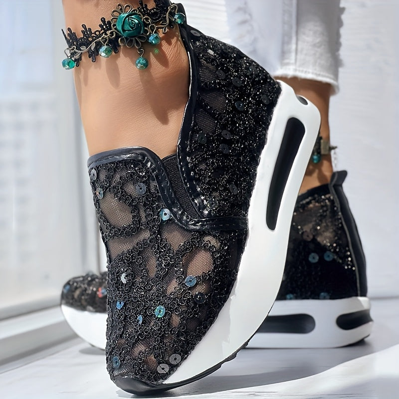 Abstract Print Side Lace-up Casual Wedge Sneakers - Without Anklet