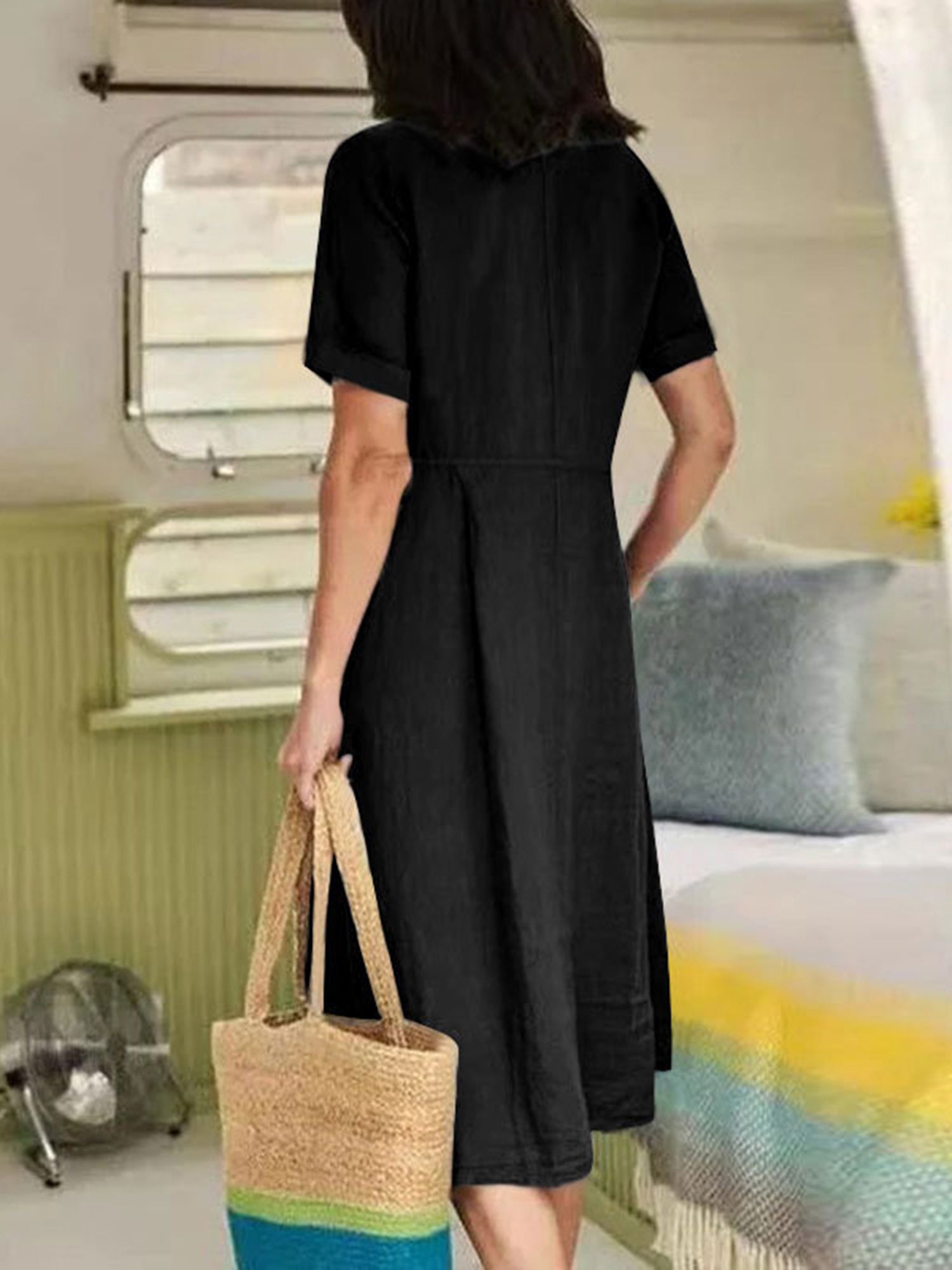 Ladies' Summer Casual Button Mini Dress, Pleated Short-Sleeved Solid Color Loose High-Waisted And Linen Dress