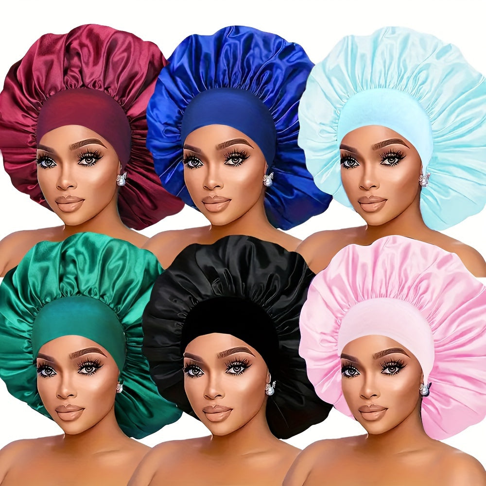 6-Pack Satin Bonnet Sleep Caps for Women - Elastic Wide Band Silky Hair Bonnets for Sleeping, Leisure, Sports - 100% Polyester Hair Protection Shower Cap Set for Curly & Straight Hair