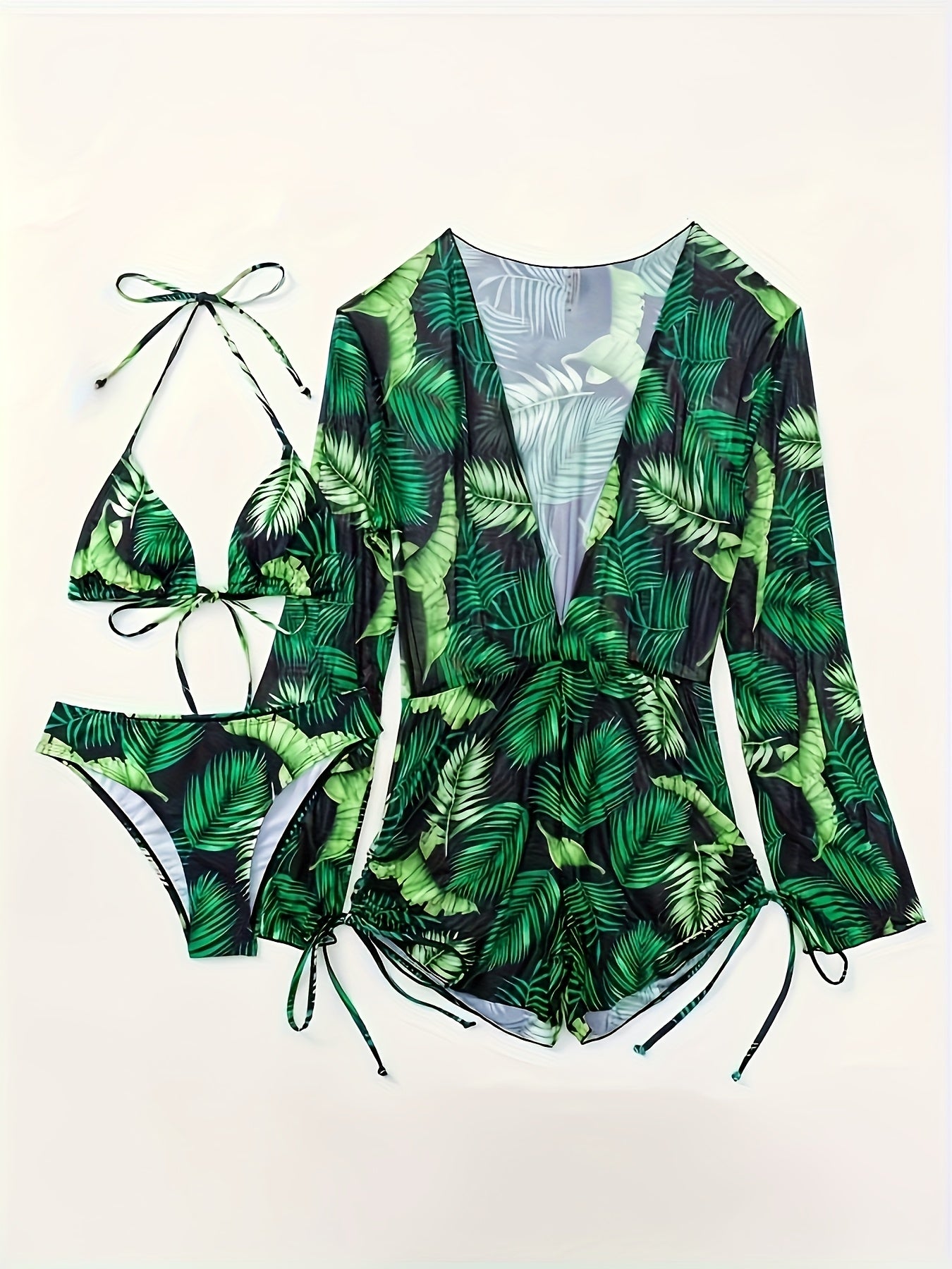 [Sunscreen Green Plant Print Suit] Sexy Tropical Plant Print, Sunscreen Three-piece Suit, Women'S Fashionable Sunscreen Clothing