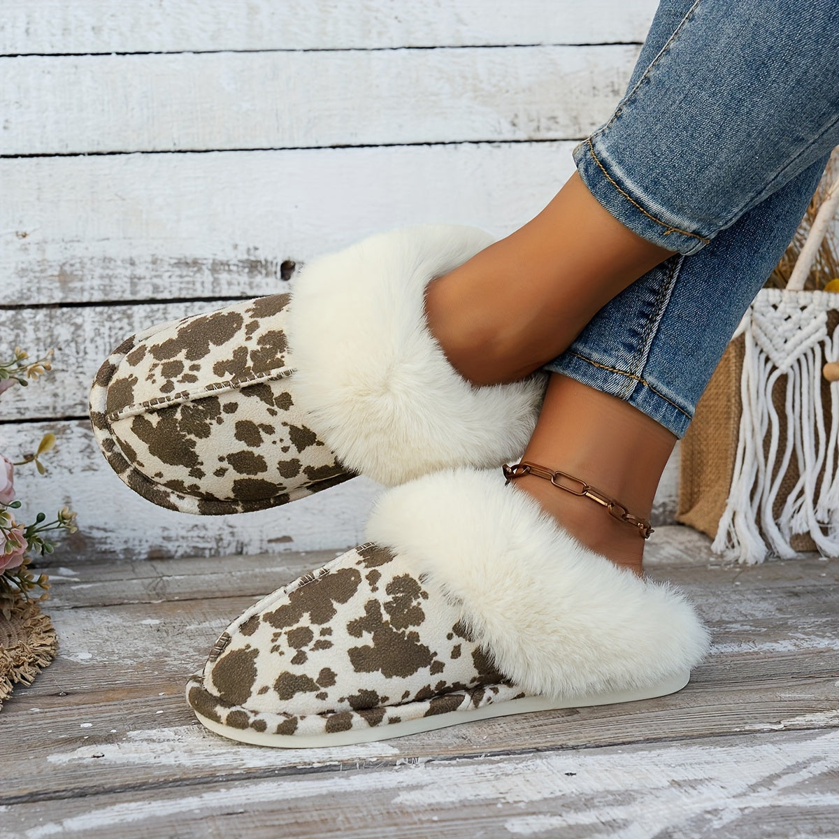 Cozy Winter Plush Slippers for Women - Fashionable Beige with Cow Print, Thick Fleece Lining, Warm & Non-Slip Sole, Comfortable Indoor Footwear, Ladies Slippers