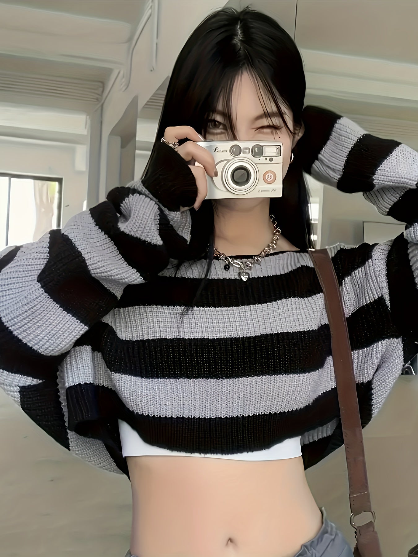 Chic Striped Crop Sweater for Women - Long Sleeve, Round Neck, Polyester Knit Pullover
