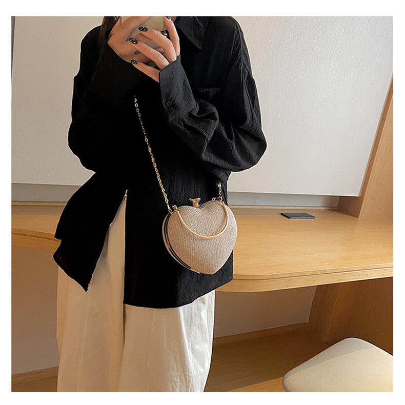 Ladies Fashion Shining Chain Crossbody Bag, Elegant Shoulder Heart Shaped, Metal Embellished, Black, with Buckle Closure, for Party, Wedding, Date