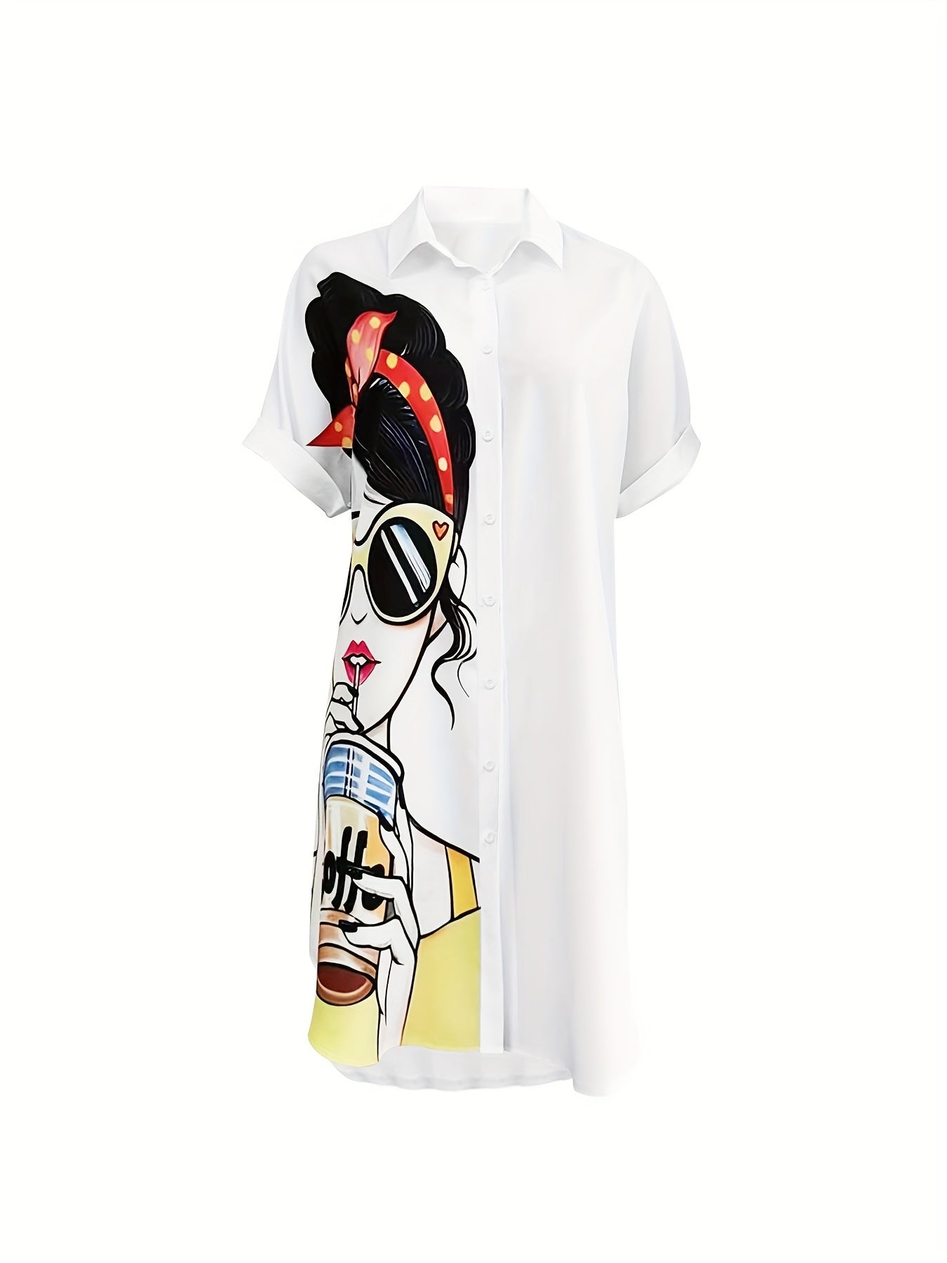Figure Print Button Front Blouse, Casual Short Sleeve Mid-length Blouse For Spring & Summer, Women's Clothing