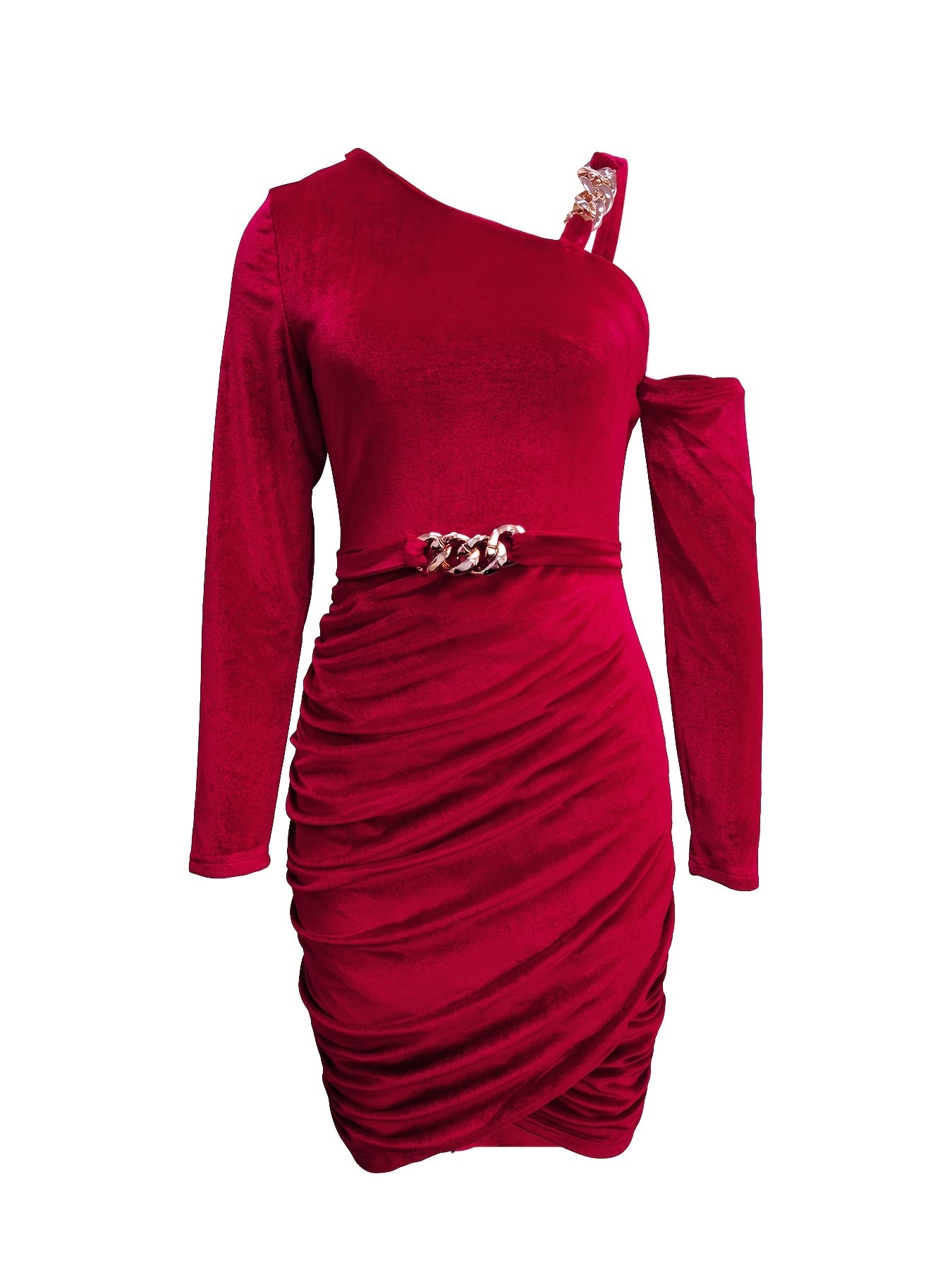 Elegant Off-Shoulder Blue Midi Dress for Women - Chic Chain Detail, Long Sleeves, Ruched Bodycon Fit, Polyester, Machine Washable - Perfect for Evening & Vacation