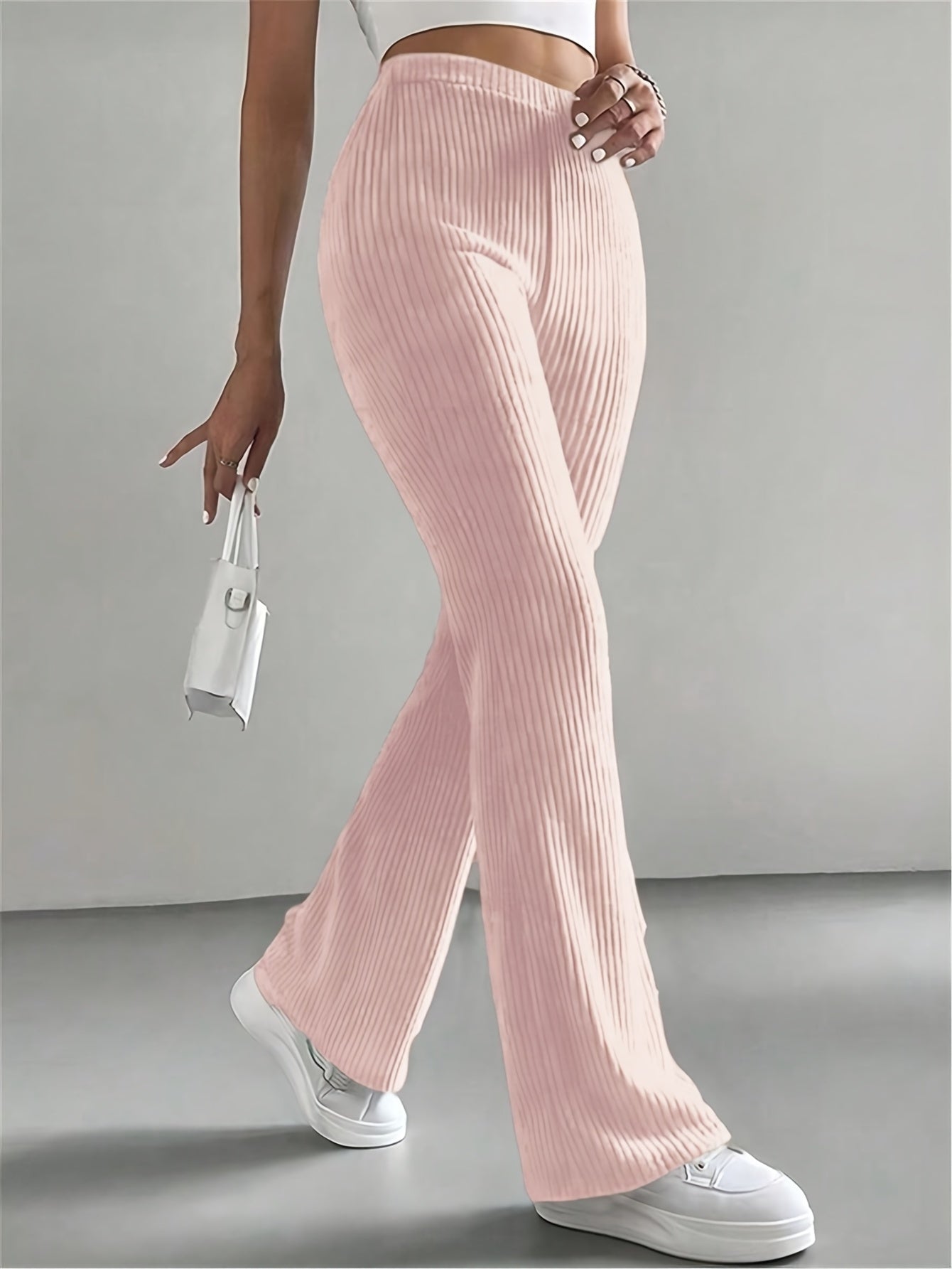 High-Waisted Flare Pants, Elegant Solid Women's Trousers