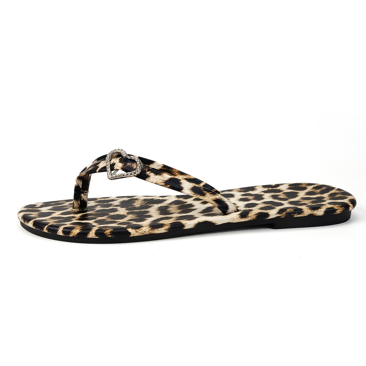 Casual Comfort| Women's Leopard Print Flat Sandals with Rhinestone Heart Accent - Stylish Clip Toe Slides for Beach Vacations, Lightweight & Comfortable PU Cover, All-Season Wear, Beach Shoes