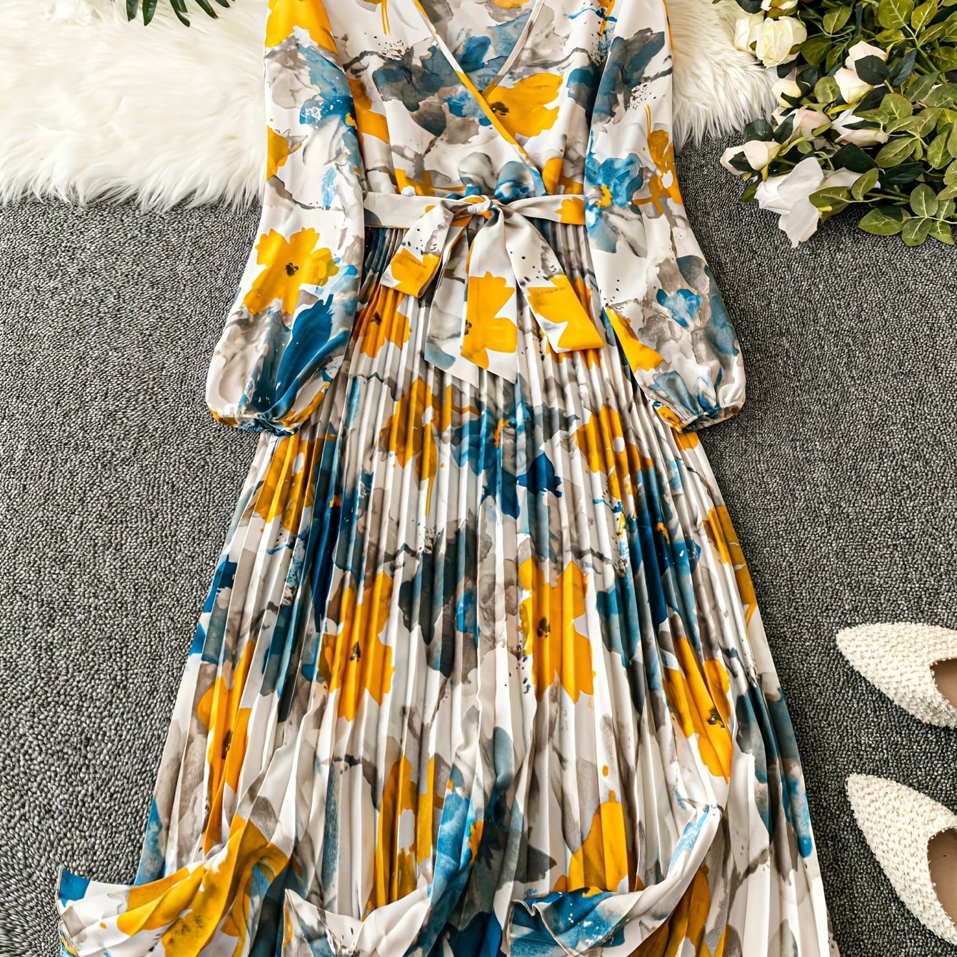 [Floral Print] Floral Midi Dress | 1pc | Polyester 100% | Regular Fit with Belt Detail, V-Neck, Lantern Sleeves, A-Line Flared Hem | Women's | All-Season