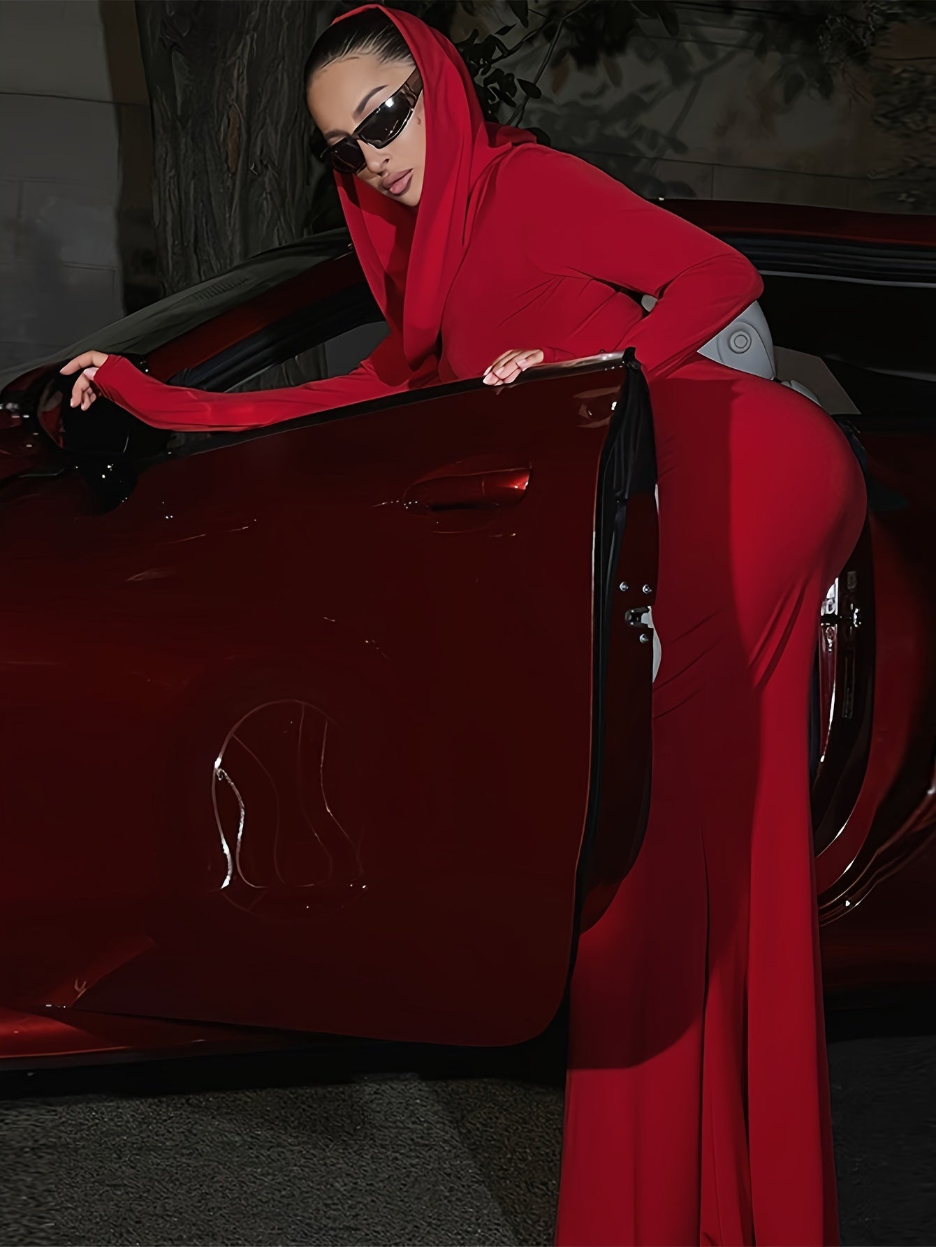 Solid Color Slim Hooded Dress, Sexy Long Sleeve Mermaid Hem Maxi Dress For Evening Party, Women's Clothing For Party Dressing