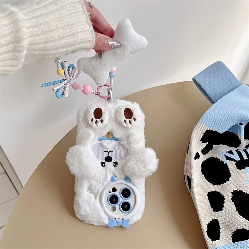 Cartoon White Dog Fluffy Mobile Phone Case with Bracelet Suitable for iPhone 16 Pro Max Autumn and Winter Plush Mobile Phone Case