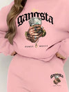 Two-Piece Pants Set - Casual Graphic Print, Warm Fleece, Long Sleeve Crew Neck Pullover Shirt, Skinny Elastic Waist Pants, Women's Clothing Outfits for Everyday Wear