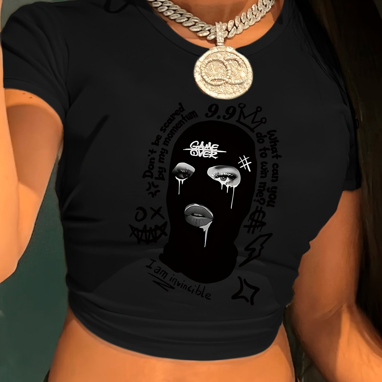 Women'S Y2K Graphic Crop Top T-Shirt - Black Short Sleeve with Unique Black and White Print, Casual Spring/Summer/Fall Wear, Crop Top Blouse