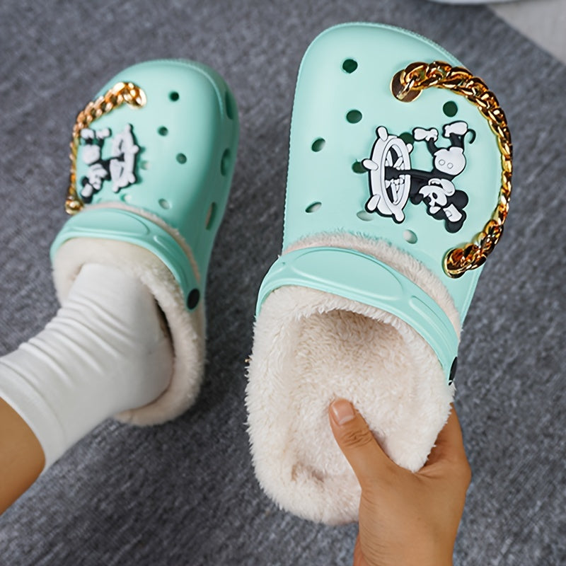 Women's Winter Thermal Clogs – Cartoon Pattern, EVA Sole, Fabric Liner, Golden Chain Detail
