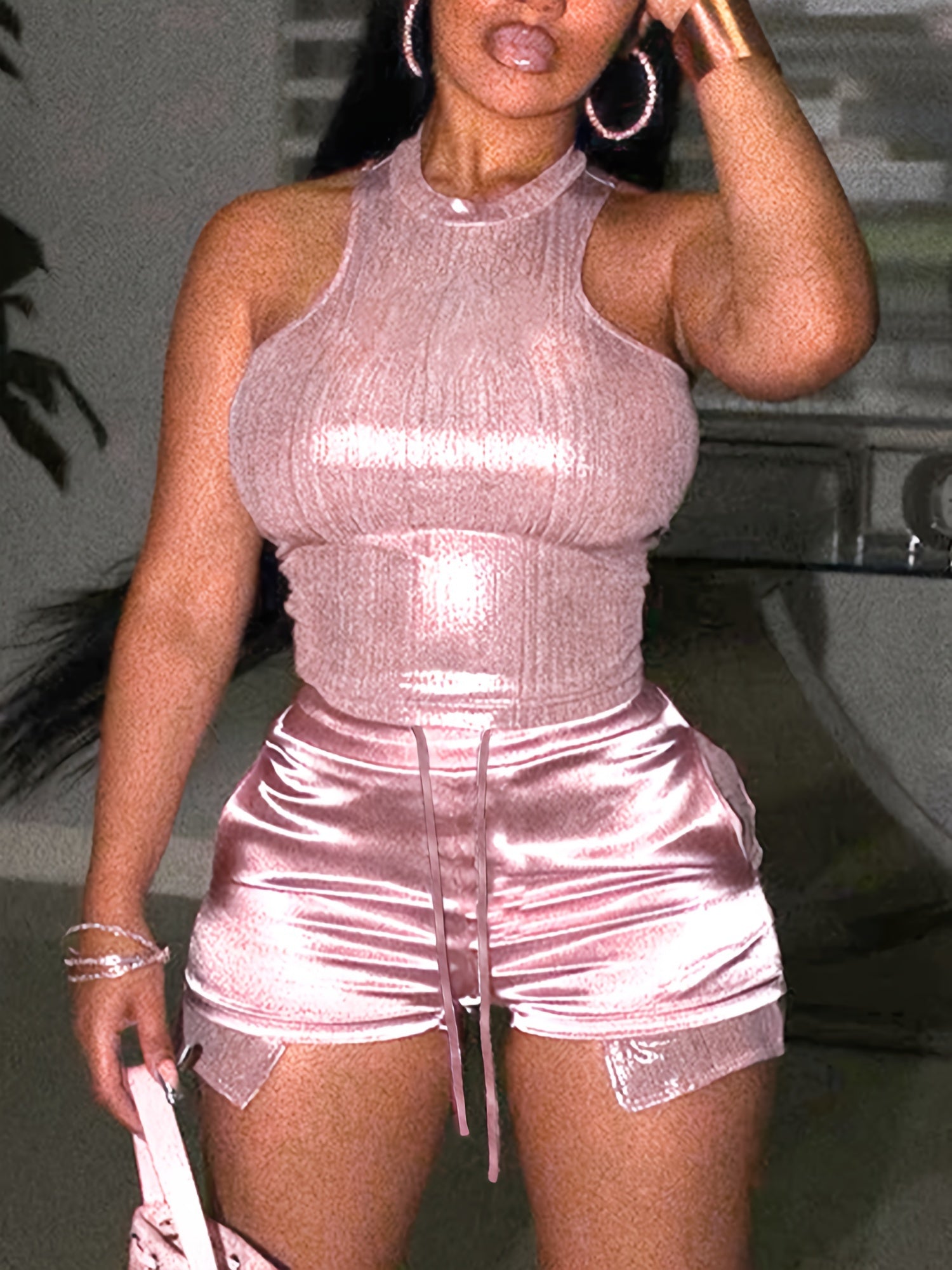 Sexy Metallic Shorts Set - Sleeveless Slim Fit Tank Top, Knotted Front Pocket Shorts Outfit for Women - Stylish Summer Clothing for Ladies
