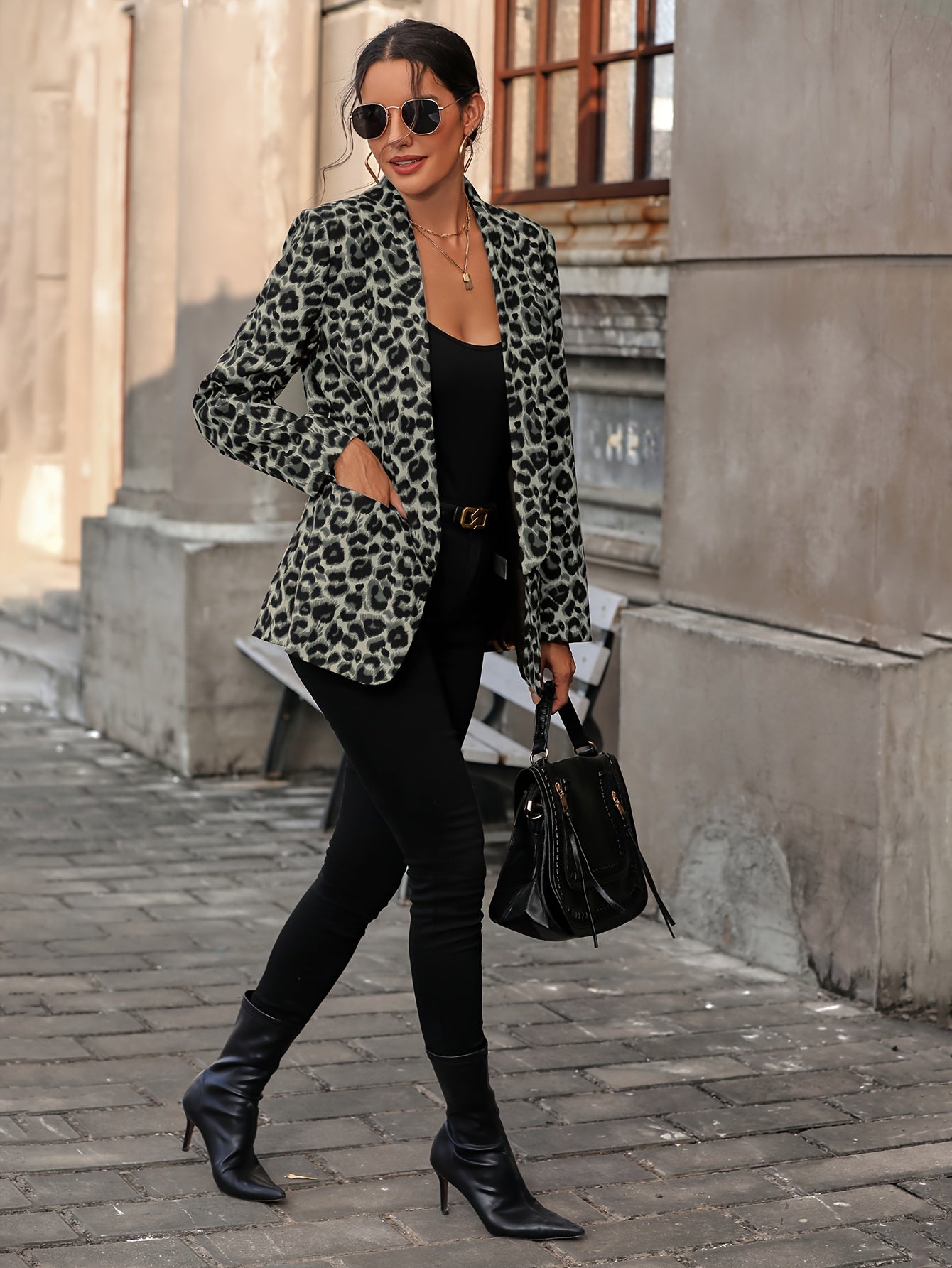 Leopard Print Open Front Blazer, Elegant Lapel Neck Long Sleeve Blazer For Office & Work - Women's Clothing - Stylish & Professional - Suitable for Business Meetings & Formal Events - Perfect Gift for Women