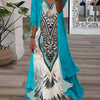 Women's Boho-Chic Two-Piece Ensemble - Long Sleeve Kimono Top & V Neck Cami Maxidress with Exotic Graphics, Perfect for Diverse Occasions