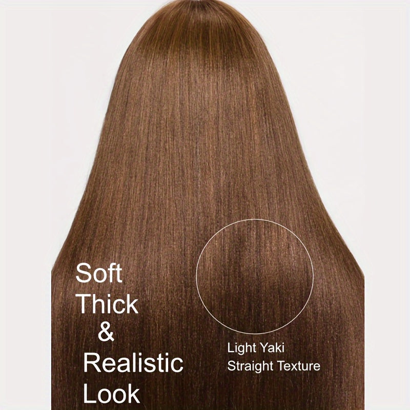 KLAIYI #4 Brown Yaki Straight Human Hair Wig with Bangs & Layered Cut - 100% Brazilian Virgin Human Hair, 150% Density Glueless HD Lace Front, Middle Part, 22.5" Cap Size, Tangle-Free, No Shedding, Air-Dry Friendly for Women
