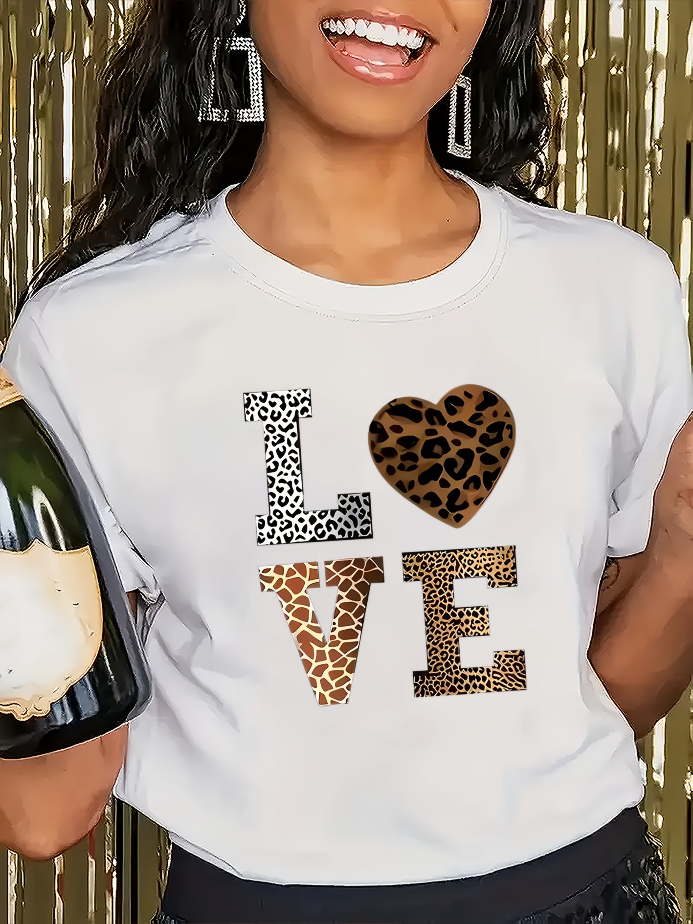 Stylish White 'LOVE' Leopard Heart Print Tee - Casual Round Neck Short Sleeve, 100% Polyester, Machine Washable - Perfect for All Seasons, Casual Wear Tee|Leopard Heart Design|Stretchable Material
