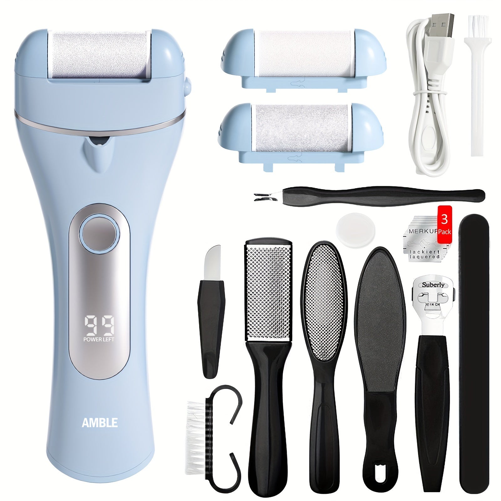 Electric Foot Scrubber Callus Remover for Feet, Rechargeable Foot File Pedicure Tools, Professional Pedi Foot Care Kit for Hard/Dead/Dry Skin/Cracked Heels with Manual Foot File Set 12pcs