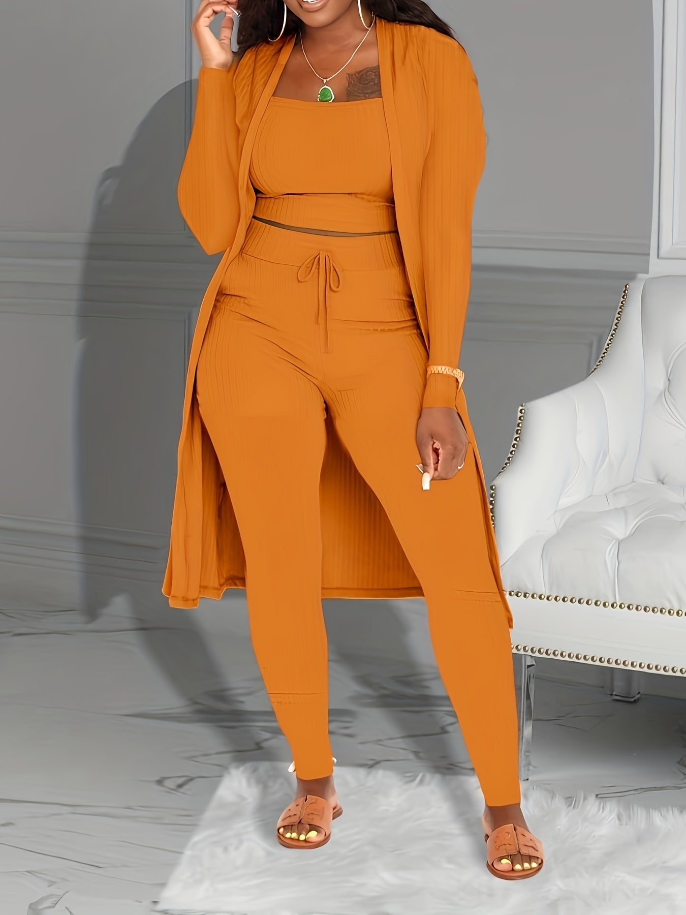 Three-piece Set of Ribbed Solid Casual Outfits, Open Front Long Sleeve Cardigan & Tank Top & Lace Up Pants, Women's Clothing