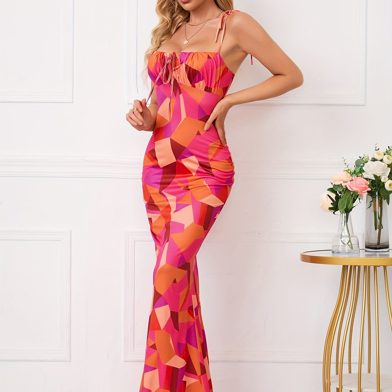 Women's Sexy Floral Print Bodycon Midi Dress - Sleeveless with Adjustable Spaghetti Straps, Knot Detail, Stretch Fabric, Summer Party & Banquet Wear, Spaghetti Suspender Dress
