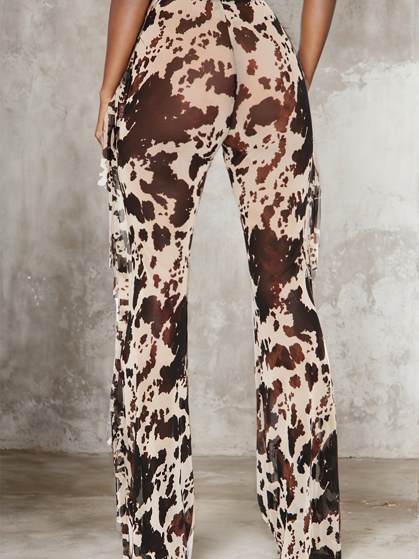 Women's High-Waisted Brown & White Tie-Dye Flare Pants - Slim Fit, Stretchy Casual Bell Bottoms with Fringe Detail, Machine Washable, All-Season Style, Versatile Fashion | Medium Elasticity, Cute Pants