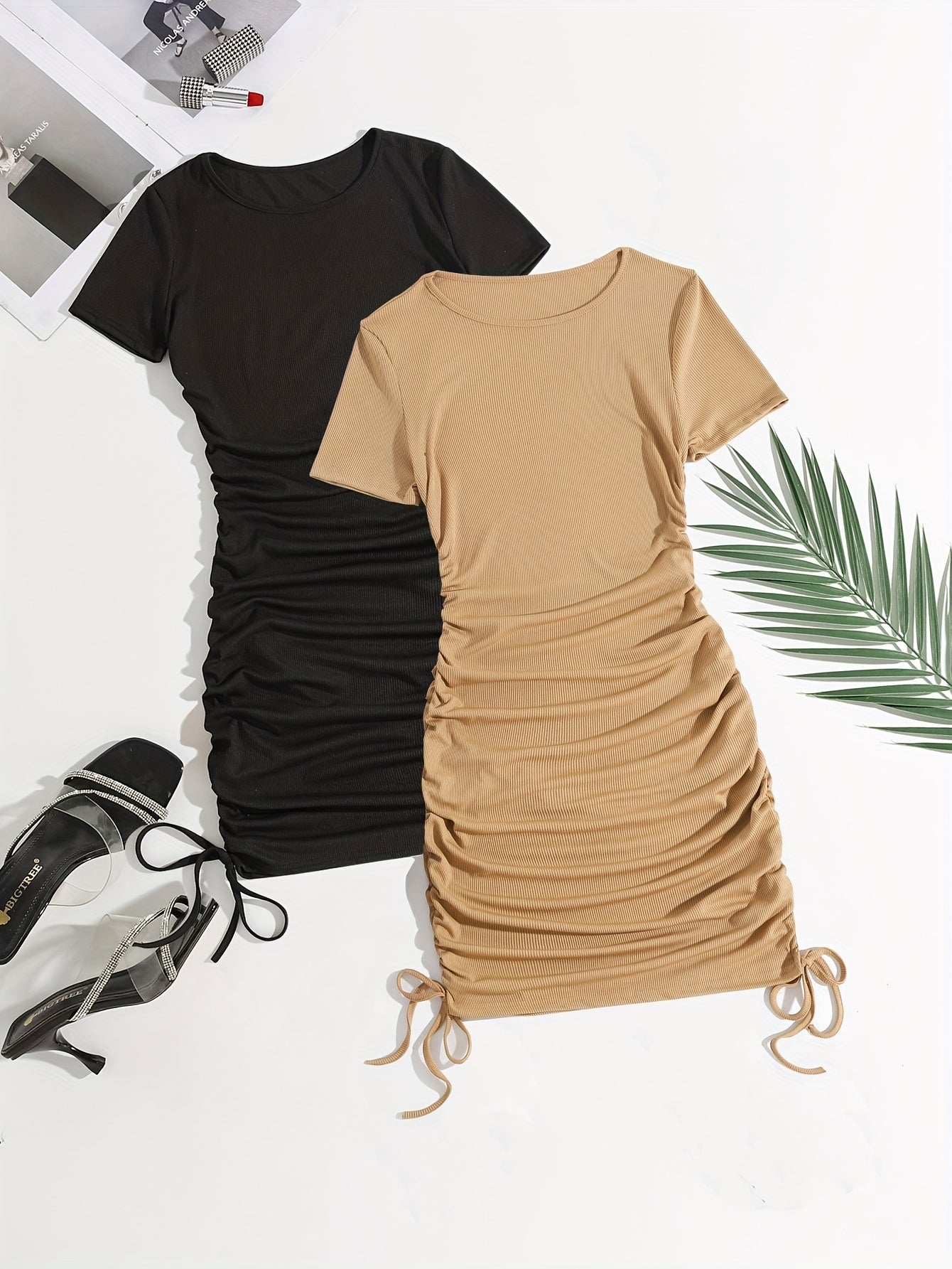2pcs Women'S Summer Casual Dresses - Black and Light Blue Bodycon Tops with Drawstring Waist, Short Sleeve, Round Neck, Perfect for Adult Women, Casual Attire|Minimalist Style|Easy Fit Top, Ladies Dresses