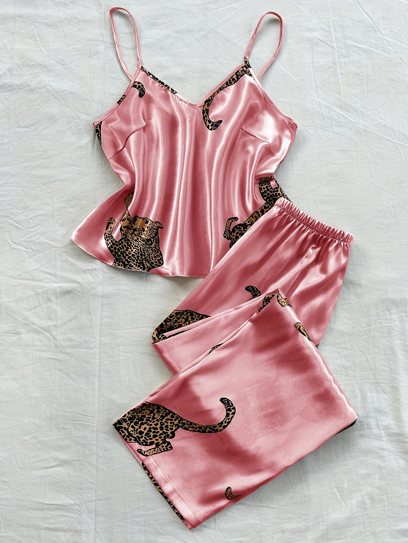 Leopard Print Fashionable Comfort V-Neck Camisole Long Pants Pajama Set 2pcs