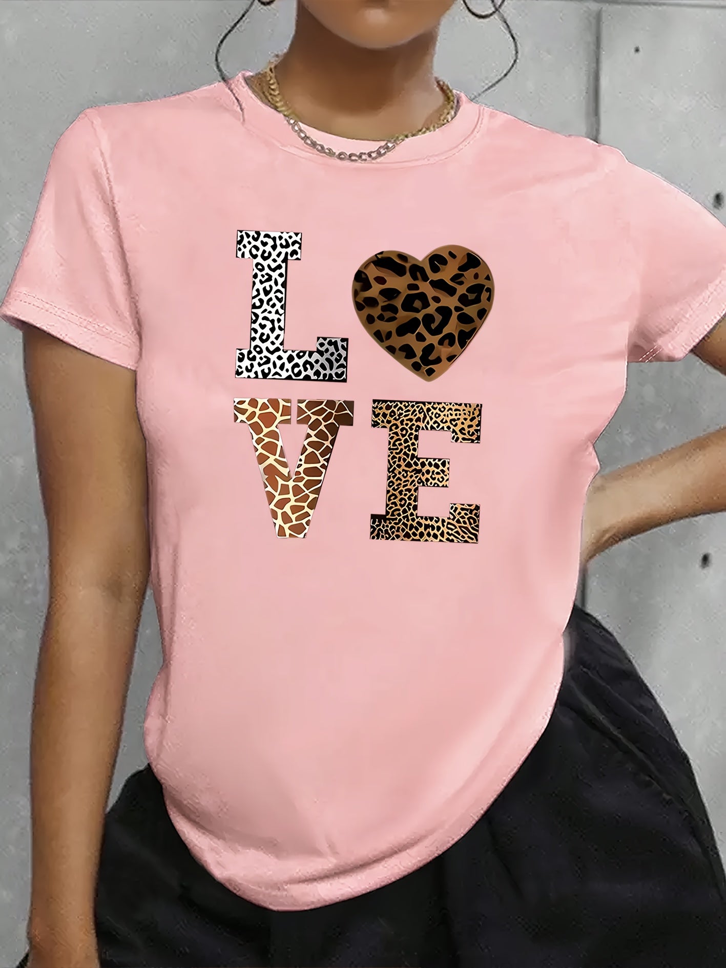 Stylish White 'LOVE' Leopard Heart Print Tee - Casual Round Neck Short Sleeve, 100% Polyester, Machine Washable - Perfect for All Seasons, Casual Wear Tee|Leopard Heart Design|Stretchable Material