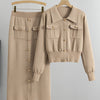 2pcs Women'S Viscose Blend Co-ord Set, Casual Lapel Collar Long Sleeve Knit Sweater and Skirt, Solid Color, Regular Fit, with Fake Button Details
