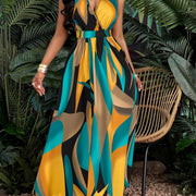 Women's Tropical Print V-Neck Flared Maxi Dress with Cinched Waist - Vibrant Red & Blue Floral Design, A-Line Silhouette, Polyester Fabric, Perfect for Vacation or Casual Outings, Vacation Wear|Flowing Skirt Style|Smooth Glos