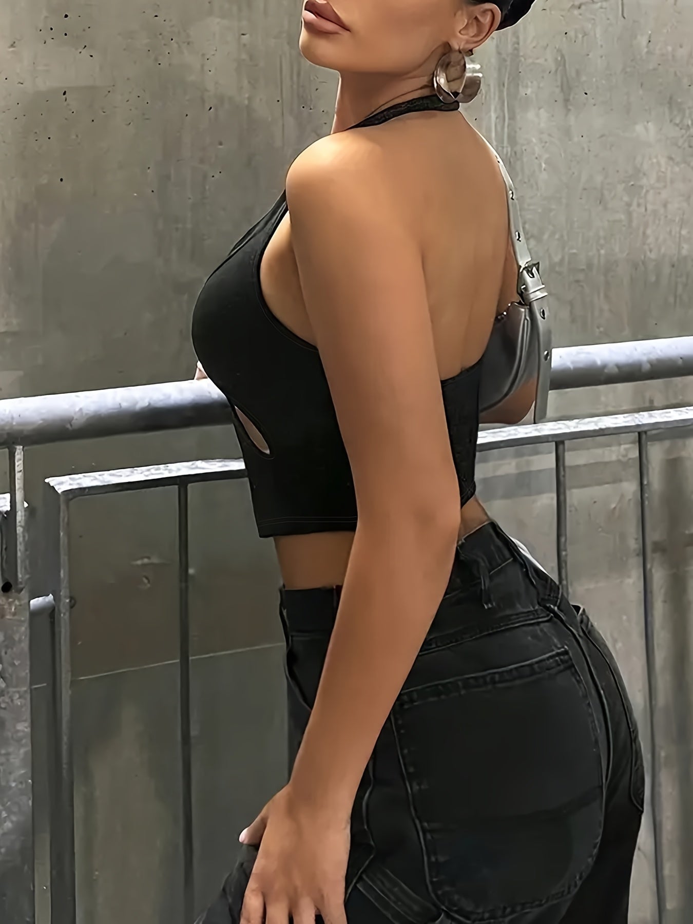 Sexy Backless Halter Neck Tank Top for Women - Sleeveless Cut-Out Design, High Stretch Polyester Fabric, Machine Washable, Perfect for Evening Outfits