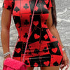 Poker Print Crew Neck Bodycon Dress, Casual Short Sleeve Mini Dress For Spring & Summer, Women's Clothing