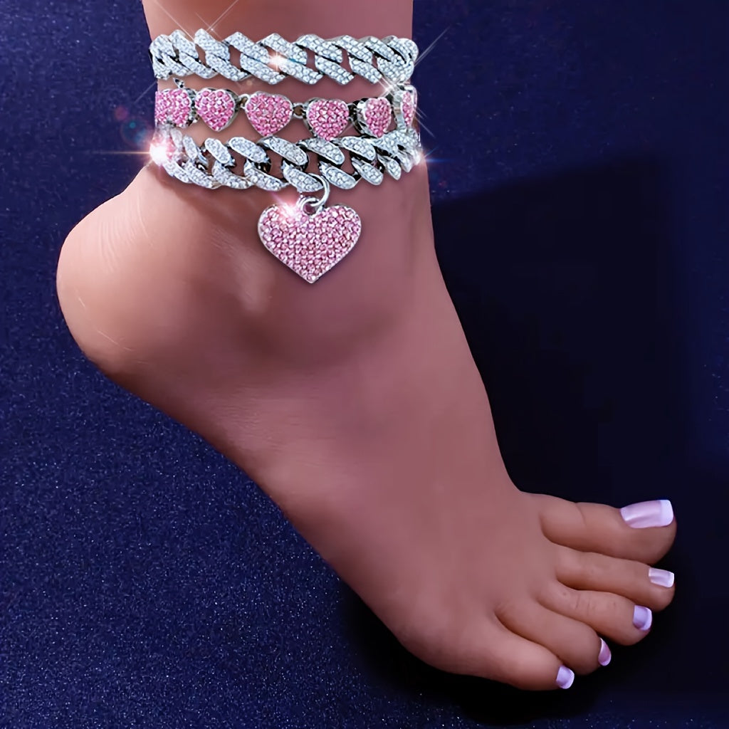 3pcs Women's Elegant Anklet - Shiny Heart Pendant, Rhinestones Inlaid, Zinc Alloy - All-Season Jewelry | Sexy Style | Perfect for Valentine's Day