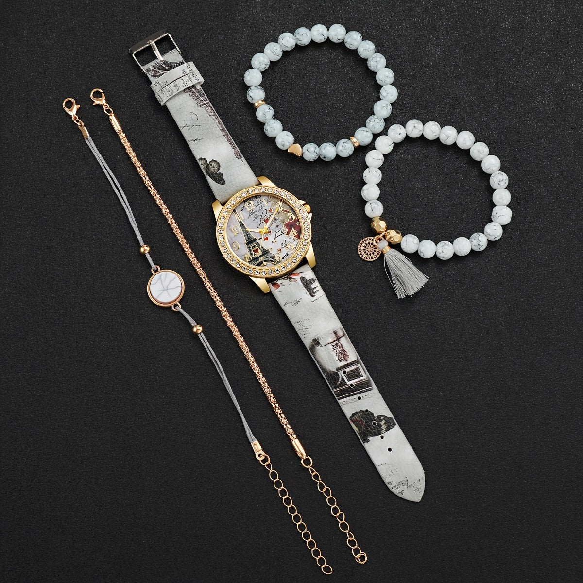 [Popular Choice] Ladies' Fashion Quartz Wristwatch with Digital Eiffel Tower Dial and Bracelet Set, 5pcs - Faux Leather Strap, Alloy Case, Non-Rechargeable Button Battery