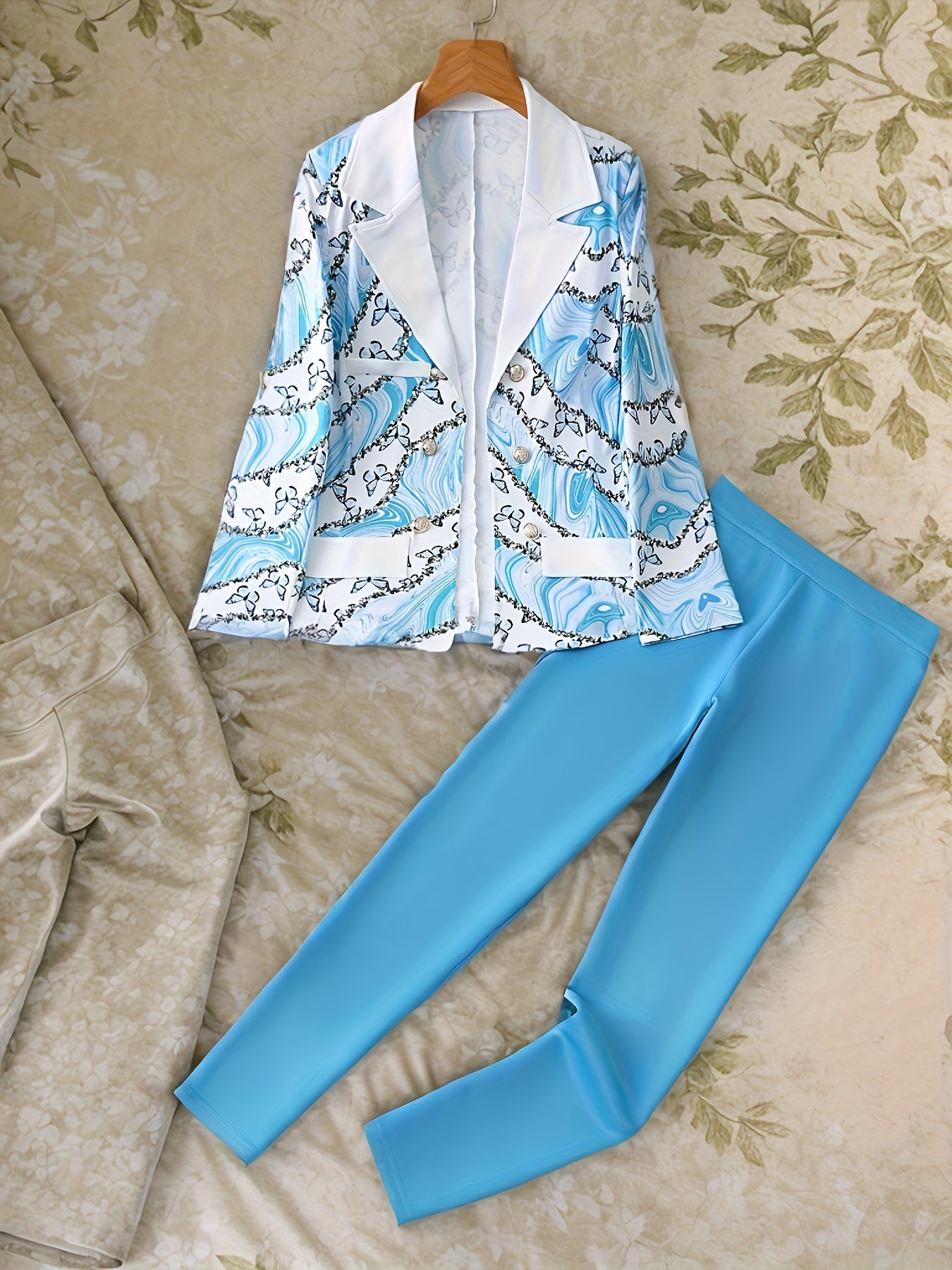 [Two-piece Butterfly Print Blazer Set] Elegant Two-piece Set, Butterfly Print Long Sleeve Lapel Neck Double-breasted Blazer & Solid Skinny Pants Outfits, Women's Clothing