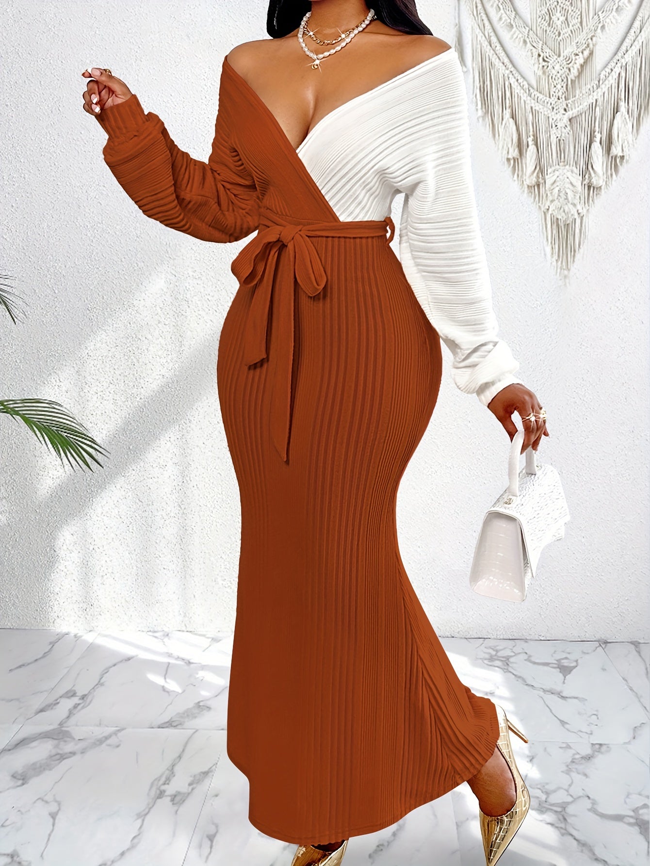 Two-Tone Polyester Elegant Batwing Sleeve Bodycon Long Dress with V-Neck Patchwork, Lace-Up Detail for Women, Fall Season
