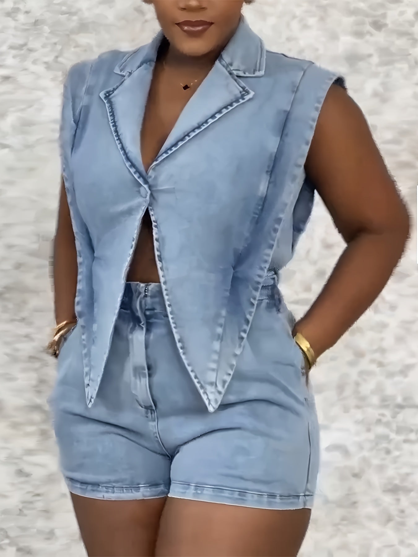 Denim Sleeveless Suit Collar Stretchy Waist Jumpsuit Shorts